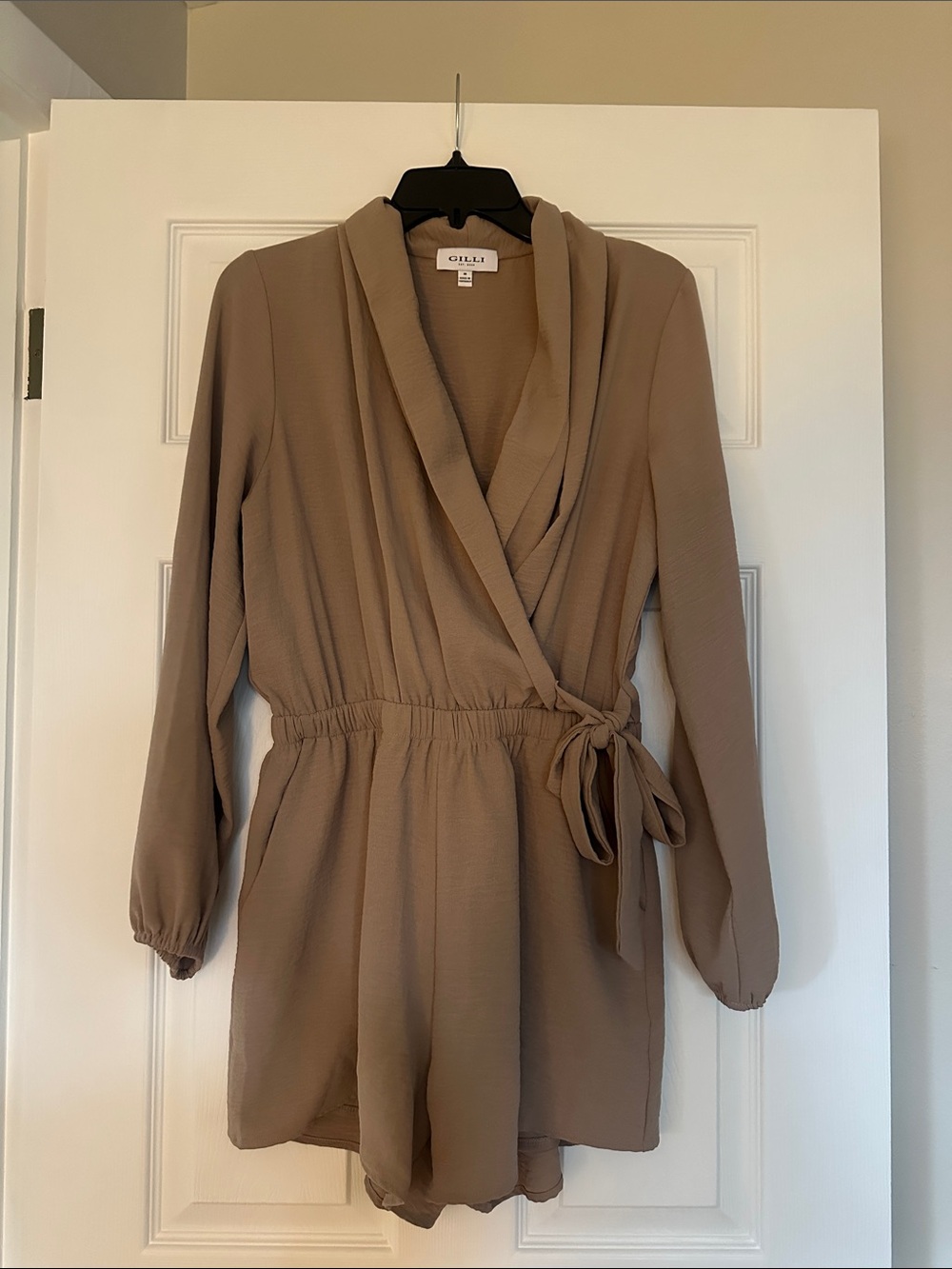 Gilli Taupe Wrap Romper with Tie Waist
